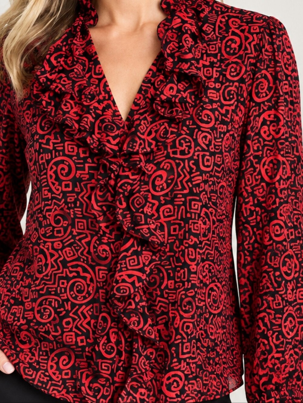 Chico's Red and Black Geometric Ruffle Silk Blouse,L